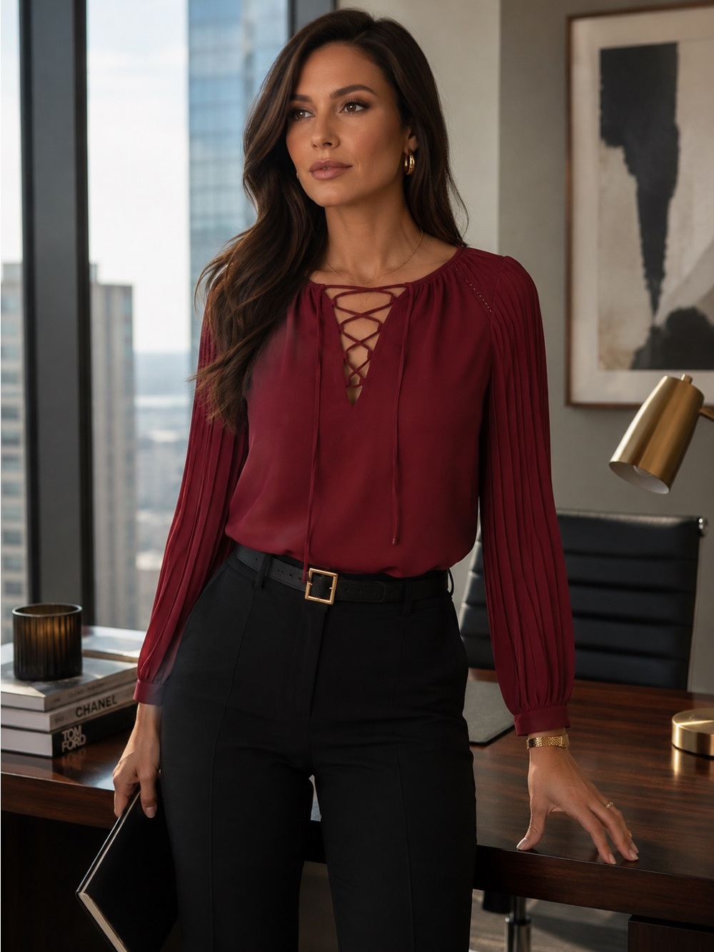White House Black Market Burgundy Lace-Up Pleated Sleeve Blouse